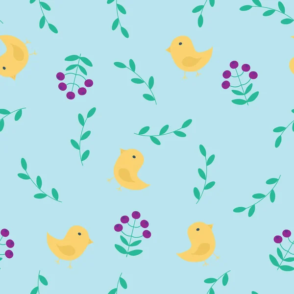 Abstract seamless pattern in scandinavian style with  birds, flowers and leaves on a light blue background, raster illustration