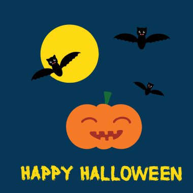 Cadılar Bayramı 'nda balkabağı, ay, yarasa ve mutlu cadılar bayramı harfleri, vektör