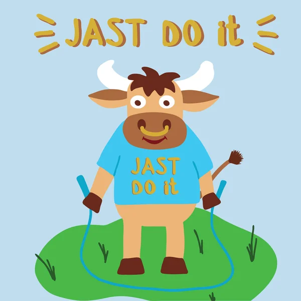 Bull Doet Een Workout Met Springtouw Buiten Belettering Doe Het — Stockvector