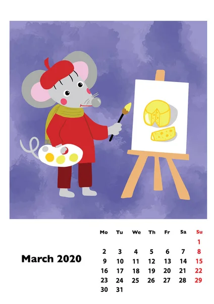 Kinderkalender 2020 Voor Maart Met Belangrijkste Held Rat Muis Een — Stockvector