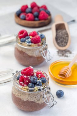 Kavanozda çikolata ve fıstık ezmeli chia tohumu pudingi, ahududu, yabanmersini, bal ve hindistan cevizi taneleriyle süslenmiş, dikey