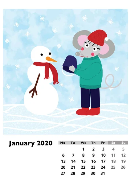 Calendário Crianças 2020 Para Janeiro Com Rato Herói Principal Rato — Fotografia de Stock