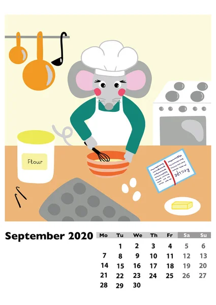 Kinderkalender 2020 Voor September Met Belangrijkste Held Rat Muis Een — Stockfoto