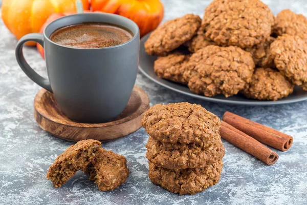 Spicy Pumpkin Oatmeal Cookies Cup Coffee Horizontal — Stock Photo, Image