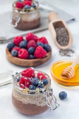 Kavanozda çikolata ve fıstık ezmeli chia tohumu pudingi, ahududu, yabanmersini, bal ve hindistan cevizi taneleriyle süslenmiş, dikey