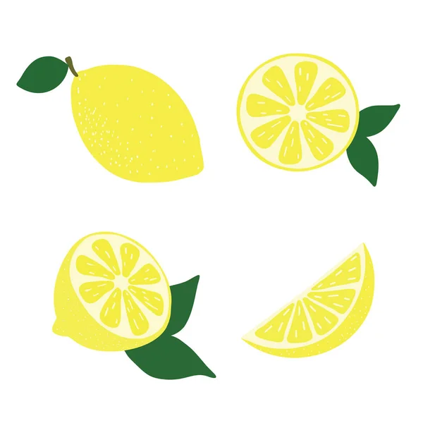 Set Hand Drawn Lemons Whole Half Slices Leaves Cartoon Style — Stock Vector