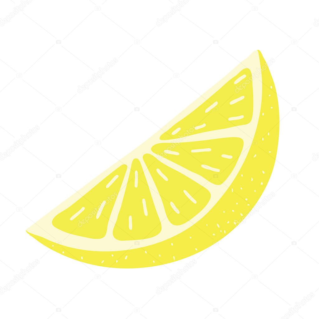 Hand drawn slice of lemon with leaf, cartoon style, vector