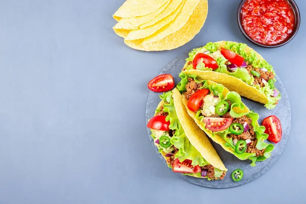 Conchas Tacos Plato Piedra Con Lechuga Carne Res Molida Puré — Foto de Stock