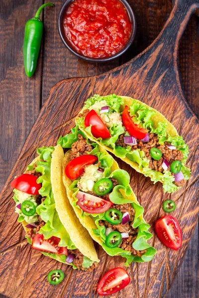 Conchas Tacos Con Lechuga Carne Res Molida Puré Aguacate Tomate — Foto de Stock