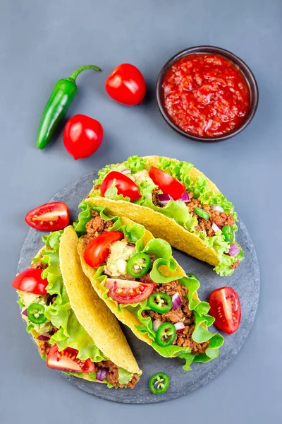 Conchas Tacos Plato Piedra Con Lechuga Carne Res Molida Puré — Foto de Stock