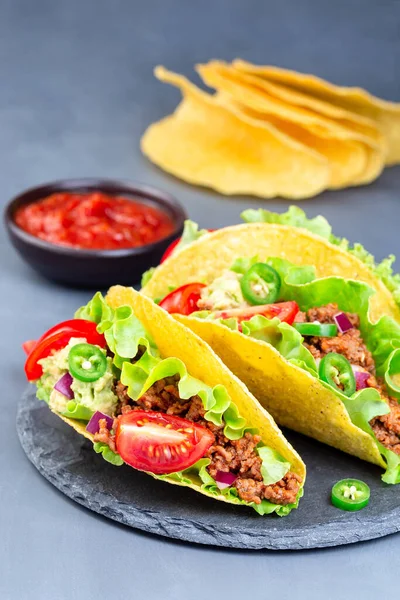 Conchas Tacos Plato Piedra Con Lechuga Carne Res Molida Puré — Foto de Stock