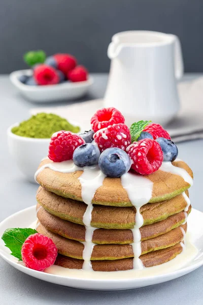 Stack Matcha Pancakes Served Condensed Milk Blueberry Raspberry White Plate — Stock Photo, Image