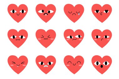 Farklı duyguları olan karalamalı kalpler. Tebrik kartı, baskı ve davetiye için tasarım öğeleri. Çıkartmalar, afişler. İzole vektör illüstrasyonu