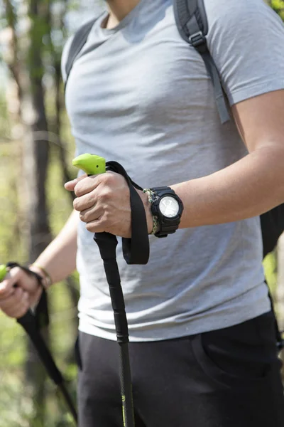 Close up of mans hands trekking in a forest