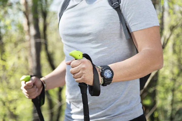 Close up of mans hands trekking in a forest