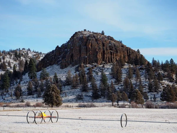Bazalt yapılmış sağlam bir tepe taze kar towers de bir alanın üzerine bir sulama tekerlek satırını bu güneşli sabahı kırsal merkezi Oregon kaplı.