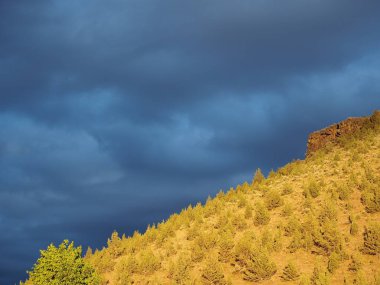 Güzel bir altın parıltı hala fırtınalı koyu gri gökyüzü ile bir bahar fırtınası hemen sonra Central Oregon Prineville yerel bir butte yıkar. 