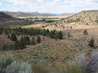 Güneşli bir yaz gününde tarım vadisi ve Orta Oregon Gateway küçük kırsal topluluk içine tepelerden aşağı bir görünüm. 