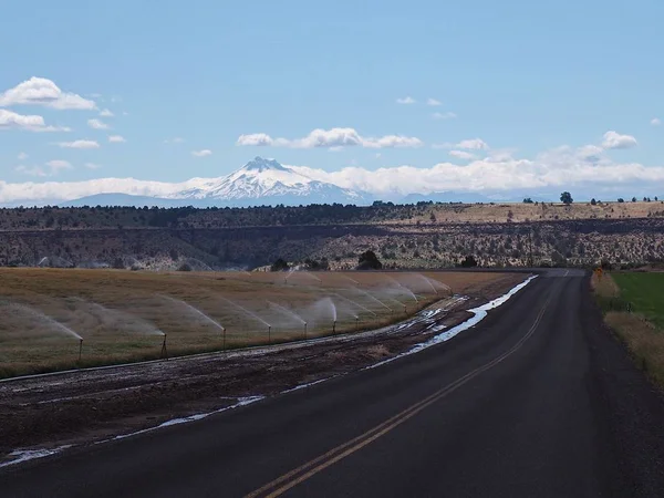 Uma Estrada Rural Que Atravessa Terras Agrícolas Sendo Irrigada Oregon — Fotografia de Stock