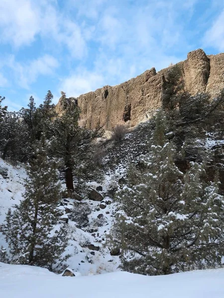 中央オレゴン州の美しい晴れた冬の日に地面に雪のほんの少しで突き出る玄武岩の崖 — ストック写真