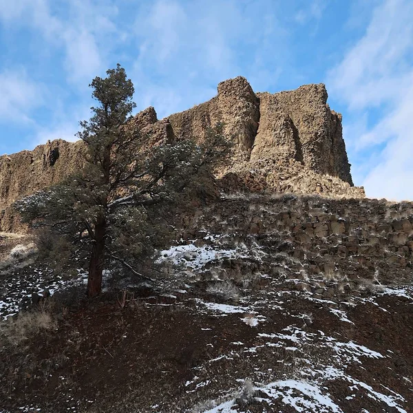 Скелі Базальтового Палицею Трохи Снігу Землі Красивому Сонячний День Зими — стокове фото