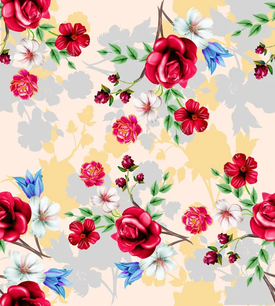 Pintura aquarela de folha e flores, padrão sem costura no whi — Fotografia de Stock