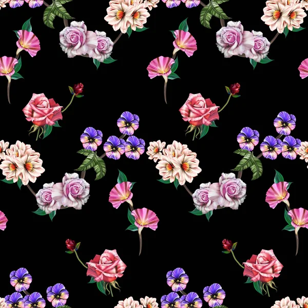 Ilustración Floral Ramo Con Flores Vívidas Color Rosa Brillante Hojas — Foto de Stock