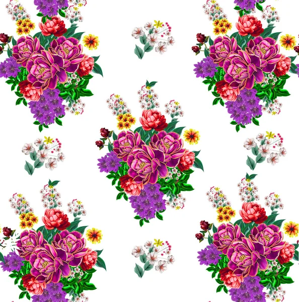 Ilustración Floral Ramo Con Flores Vívidas Color Rosa Brillante Hojas — Foto de Stock