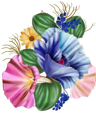 Çiçeksel illüstrasyon - parlak pembe renkli çiçekli buket, yeşil yapraklı, düğün durağanı, selamlar, duvar kağıtları, moda, arka plan, dokular, DIY, ambalajlar, kartlar.