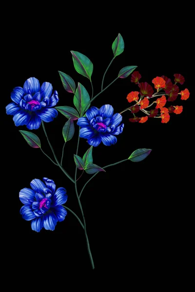 Floral Illustration Μπουκέτο Έντονα Ροζ Λουλούδια Πράσινα Φύλλα Για Στάσιμο — Φωτογραφία Αρχείου