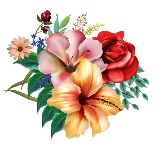 Ilustración Floral Ramo Con Flores Vívidas Color Rosa Brillante Hojas Imagen de stock