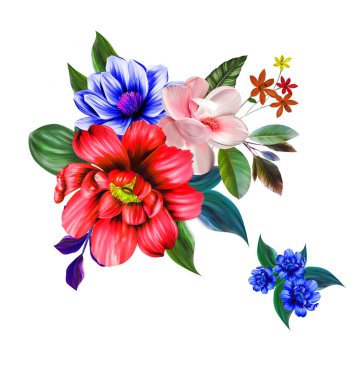 Çiçeksel illüstrasyon - parlak pembe renkli çiçekli buket, yeşil yapraklı, düğün durağanı, selamlar, duvar kağıtları, moda, arka plan, dokular, DIY, ambalajlar, kartlar.