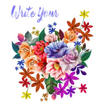 Tropik vektör çiçeklerini ayarla. Çiçekli resimli kart. Beyaz arka planda egzotik yapraklı bir buket çiçek. Parti ya da tatil için davet kompozisyonu