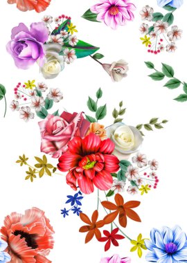 Pembe çiçekli pürüzsüz desen ve beyaz arkaplanda yapraklar suluboya çiçek deseni, pastel renkli çiçek gülü, duvar kağıdı, kart ya da kumaş için fayans