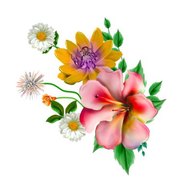 Çiçeksel illüstrasyon - parlak pembe renkli çiçekli buket, yeşil yapraklı, düğün durağanı, selamlar, duvar kağıtları, moda, arka plan, dokular, DIY, ambalajlar, kartlar.