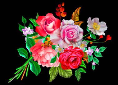 Çiçeksel illüstrasyon - parlak pembe renkli çiçekli buket, yeşil yapraklı, düğün durağanı, selamlar, duvar kağıtları, moda, arka plan, dokular, DIY, ambalajlar, kartlar.