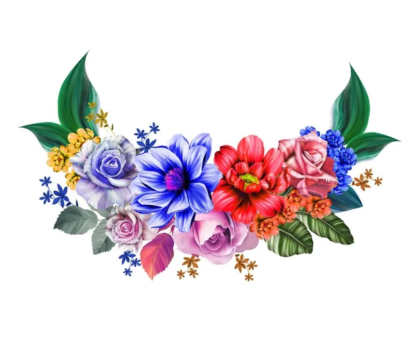 Blommig Illustration Bukett Med Ljusa Rosa Levande Blommor Gröna Blad — Stockfoto