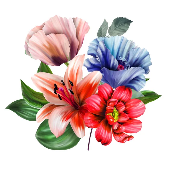 Illustrazione Floreale Bouquet Con Fiori Vivaci Rosa Brillante Foglie Verdi — Foto Stock