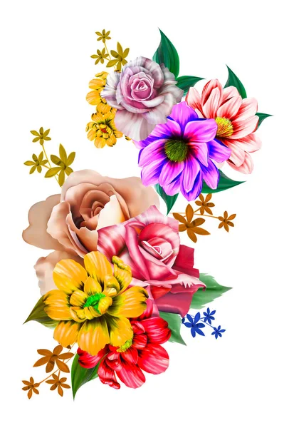 Illustrazione Floreale Bouquet Con Fiori Vivaci Rosa Brillante Foglie Verdi — Foto Stock