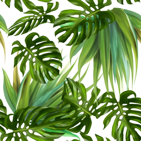 Watercolor seamless pattern with tropical leaves: palms, monstera, passion fruit. Beautiful allover print with hand drawn exotic plants. Swimwear botanical design