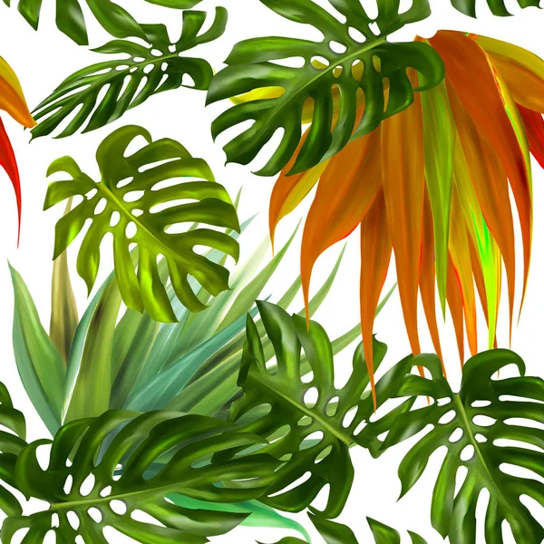 Modello Acquerello Senza Cuciture Con Foglie Tropicali Palme Monstera Frutto — Foto Stock