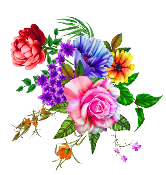 Illustrazione Floreale Bouquet Con Fiori Vivaci Rosa Brillante Foglie Verdi — Foto Stock