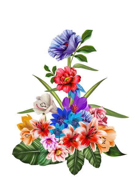 Ilustración Floral Ramo Con Flores Vívidas Color Rosa Brillante Hojas Fotos de stock libres de derechos