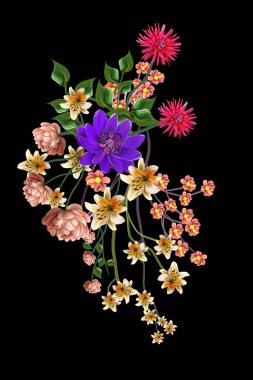 Çiçeksel illüstrasyon - parlak pembe renkli çiçekli buket, yeşil yapraklı, düğün durağanı, selamlar, duvar kağıtları, moda, arka plan, dokular, DIY, ambalajlar, kartlar.