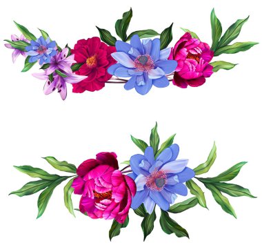 Çiçeksel illüstrasyon - parlak pembe renkli çiçekli buket, yeşil yapraklı, düğün durağanı, selamlar, duvar kağıtları, moda, arka plan, dokular, DIY, ambalajlar, kartlar.