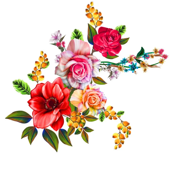 Floral Illustration Μπουκέτο Έντονα Ροζ Λουλούδια Πράσινα Φύλλα Για Στάσιμο — Φωτογραφία Αρχείου