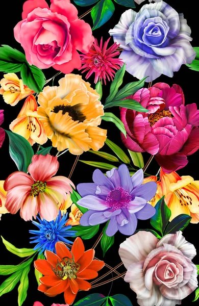 Ilustración Floral Ramo Con Flores Vívidas Color Rosa Brillante Hojas — Foto de Stock