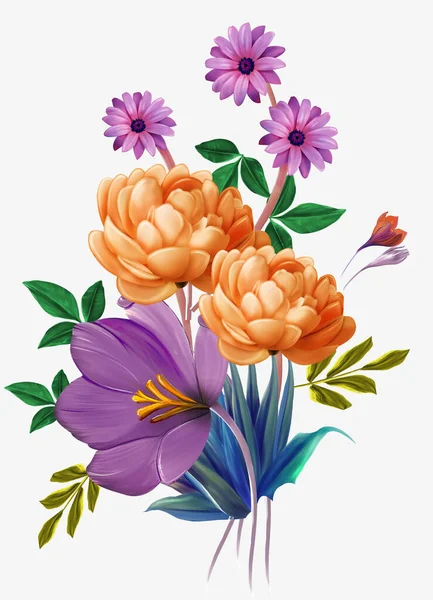 Illustrazione Floreale Bouquet Con Fiori Vivaci Rosa Brillante Foglie Verdi — Foto Stock