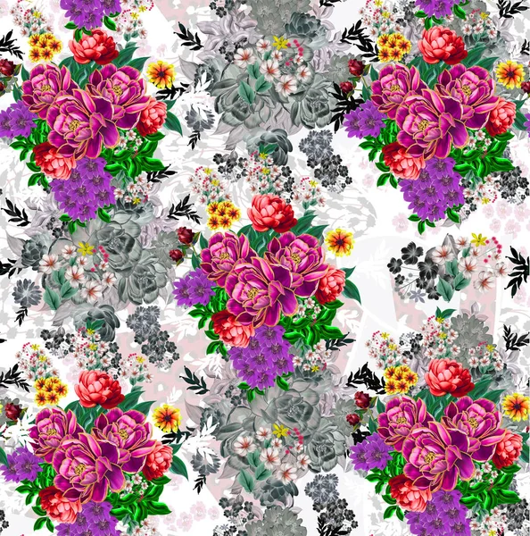 Ilustración Floral Ramo Con Flores Vívidas Color Rosa Brillante Hojas — Foto de Stock