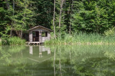 Orman Dağ Gölü. Kırım Cumhuriyeti. 06/13/2018: Ai-Petri giden yolda bir dağ orman Gölü kıyısında bir ahşap çardak